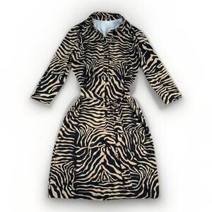 J McLaughlin Dress Beige Black Zebra Print 3/4 Sleeve Button Belted Size S EUC